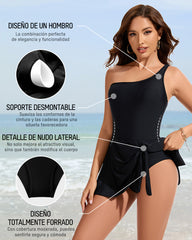 Traje De Baño De Una Pieza Con Falda Y Un Hombro