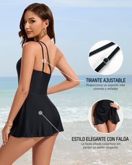Traje De Baño De Una Pieza Con Falda Y Un Hombro