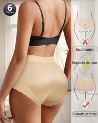 Paquete de 6 Braguitas Sin Costuras de Cintura Alta con Bordes Ondulados Satinadas