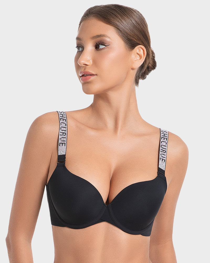 Sujetador Push-Up con Aros y Escote en V Profundo con Tirantes de Pedrería