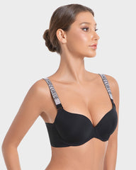 Sujetador Push-Up con Aros y Escote en V Profundo con Tirantes de Pedrería