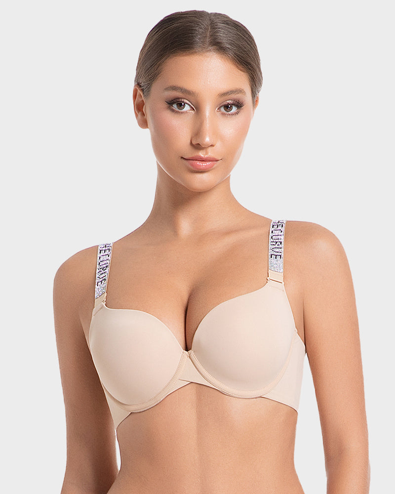 Sujetador Push-Up con Aros y Escote en V Profundo con Tirantes de Pedrería