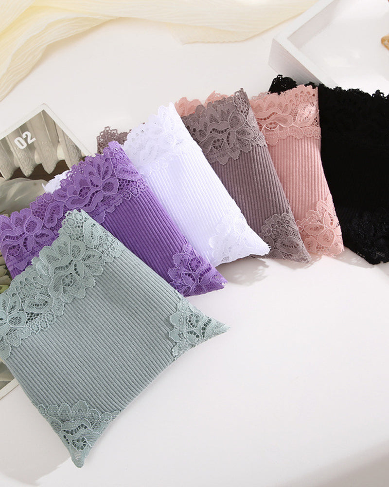 Paquete de 9 Panties de algodón acanalado con encaje de talle medio