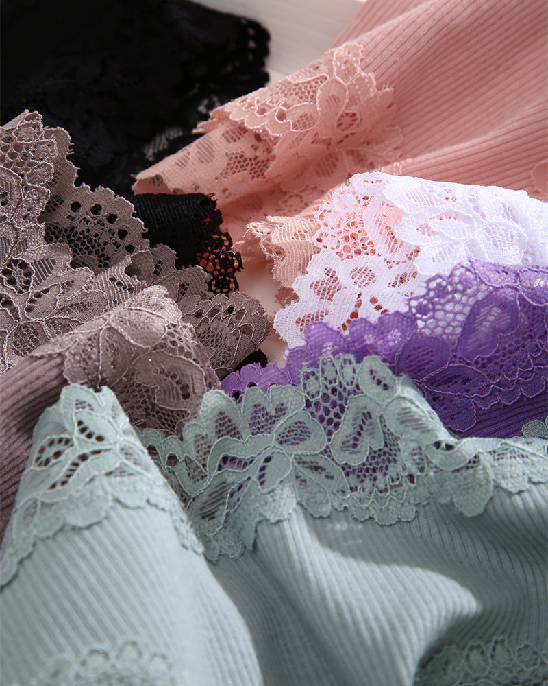 Paquete de 9 Panties de algodón acanalado con encaje de talle medio