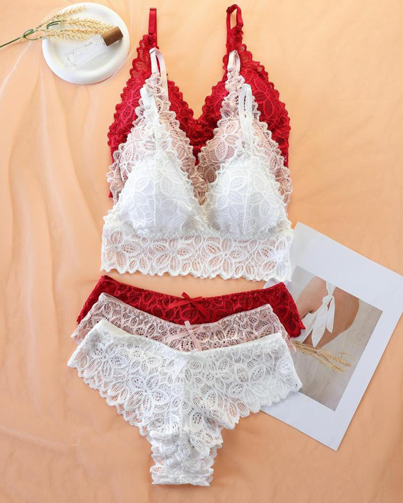 Conjuntos de Encaje Romántico con Bra Triangular y Panty(Paquete de 3)