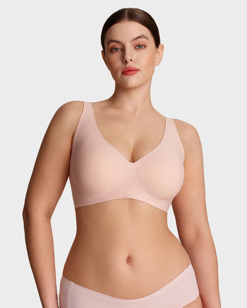 Brasier sin varilla push up para mujer, escote profundo en v, tirantes anchos, moldea la espalda, cómodo y sin costuras