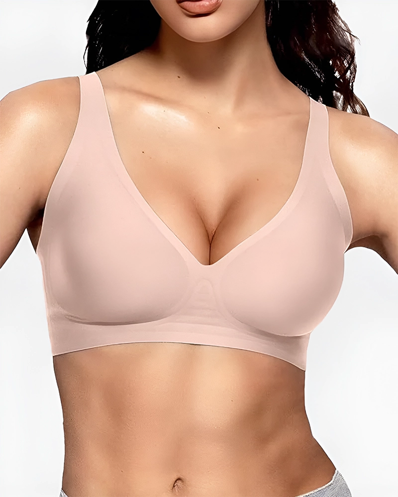 Brasier Sin Varilla Push Up para Mujer, Escote Profundo en V, Tirantes Anchos, Moldea la Espalda, Cómodo y Sin Costuras Rosa Nude S