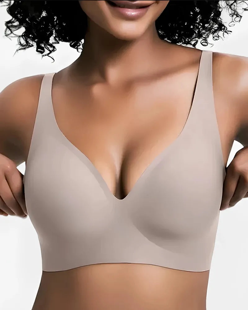 Brasier Sin Varilla Push Up para Mujer, Escote Profundo en V, Tirantes Anchos, Moldea la Espalda, Cómodo y Sin Costuras