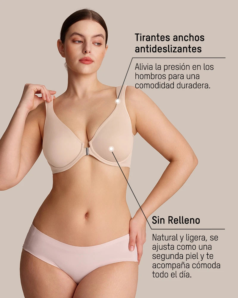 Brasier con Cierre Frontal, Aros Acolchados y Cobertura Total que Moldea y Suaviza la Espalda