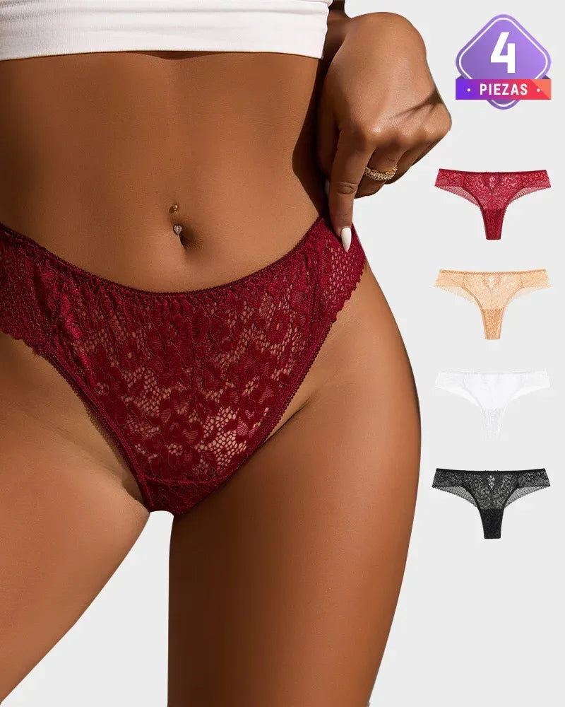 Panty tipo tanga de encaje floral con recortes sensuales