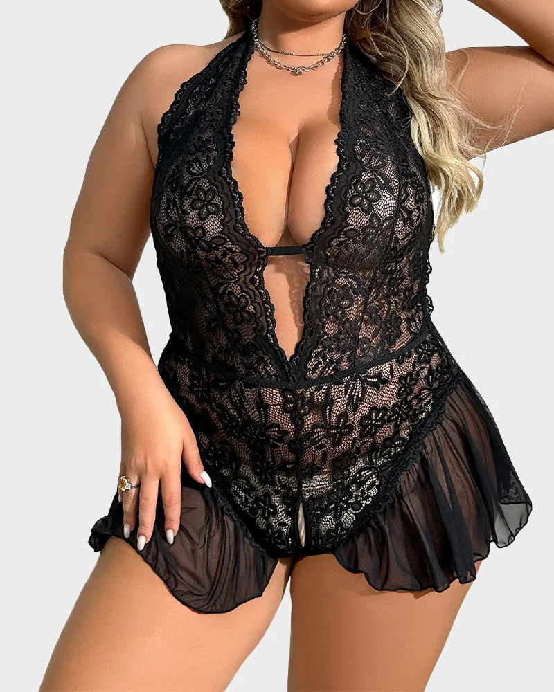 Teddy de Encaje con Cuello Halter y Falda Transparente