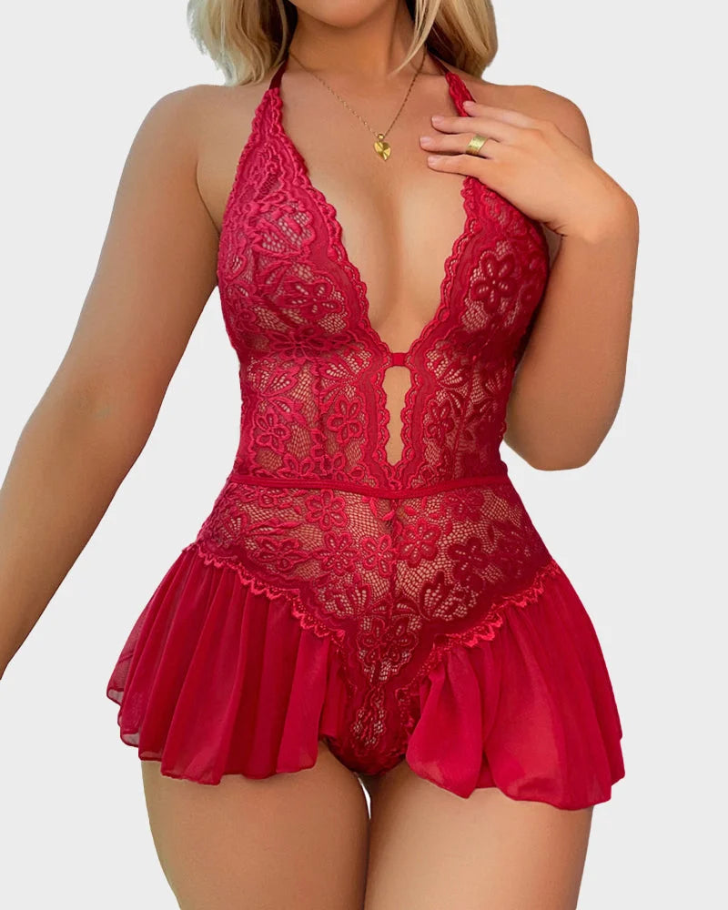 Teddy de Encaje con Cuello Halter y Falda Transparente