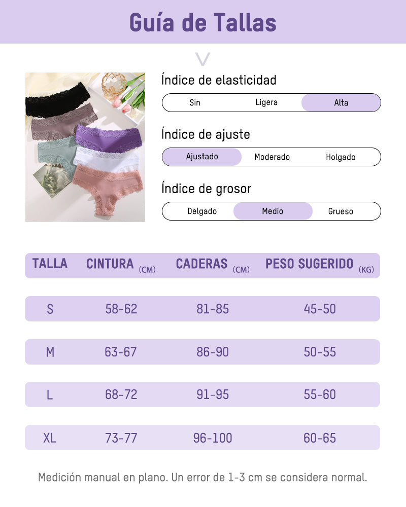 Paquete de 9 Panties de algodón acanalado con encaje de talle medio