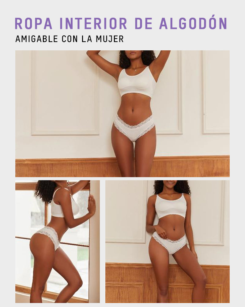 Paquete de 9 Panties de algodón acanalado con encaje de talle medio