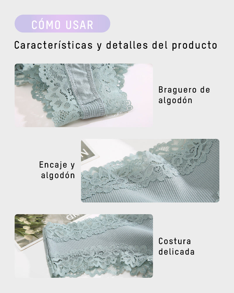 Paquete de 9 Panties de algodón acanalado con encaje de talle medio