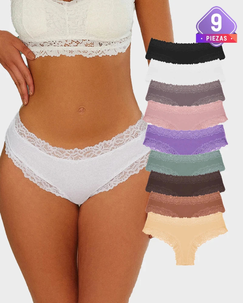 Paquete de 9 Panties de algodón acanalado con encaje de talle medio
